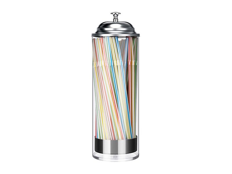 Tall dispenser holding striped drinking straws