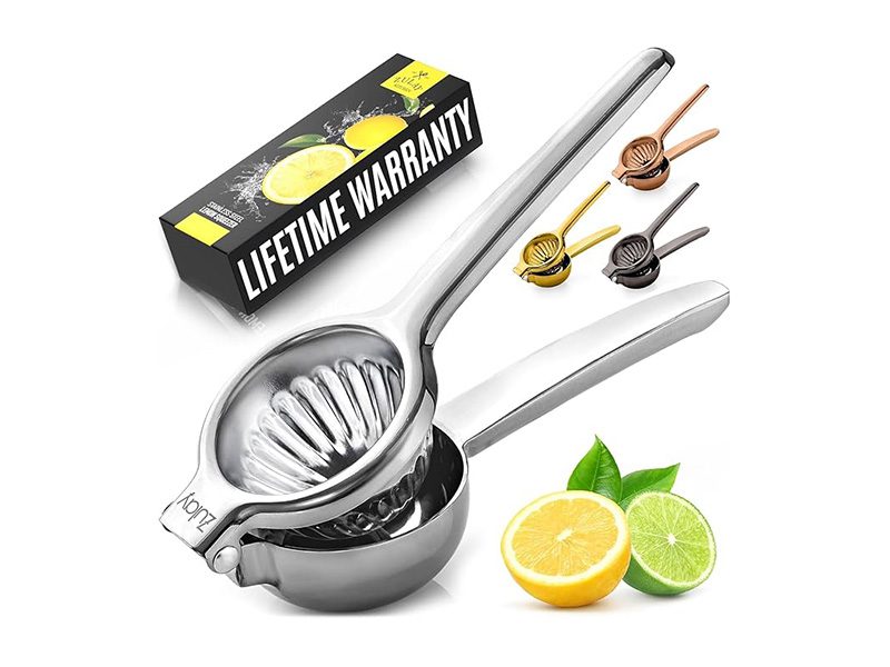 Metal citrus juicer with warranty box