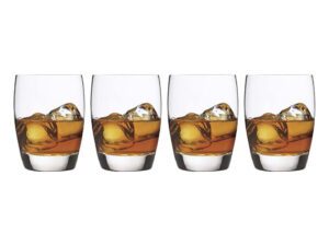 Four whiskey tumblers in a row