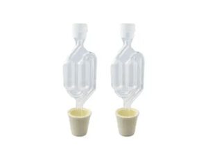 Two clear airlocks with white stoppers