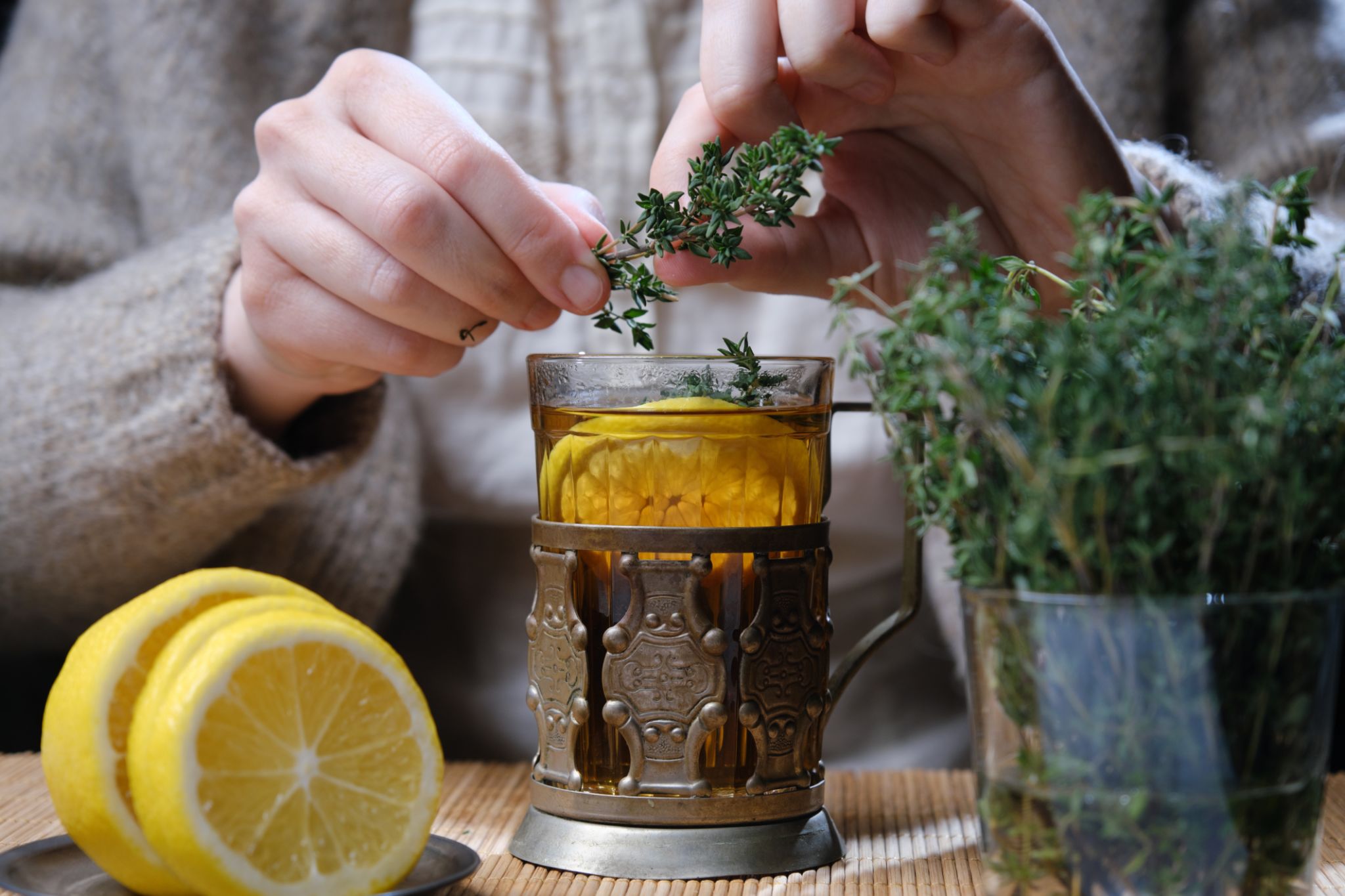 Herbal tea preparation with fresh thyme